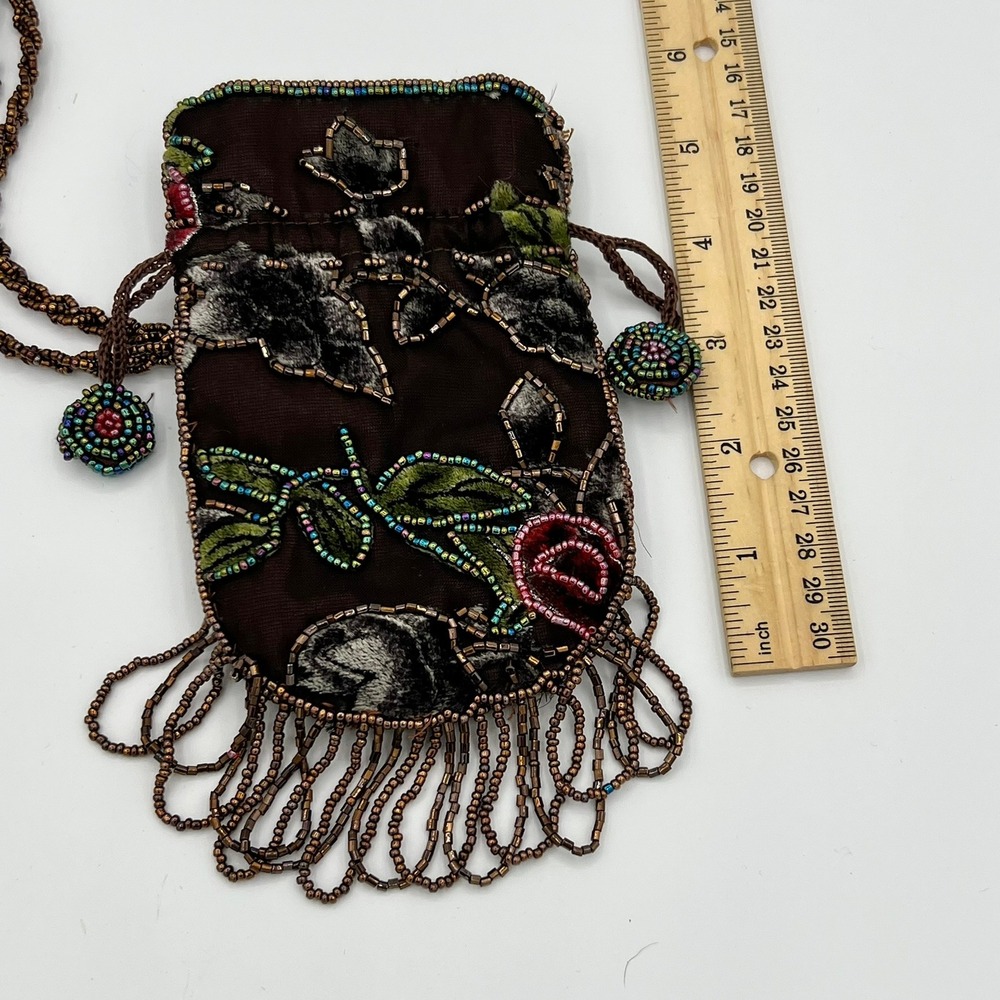Vintage Style Velvet Floral Beaded Drawstring Pouch Brown Crossbody Fringe Small - Picture 5 of 8